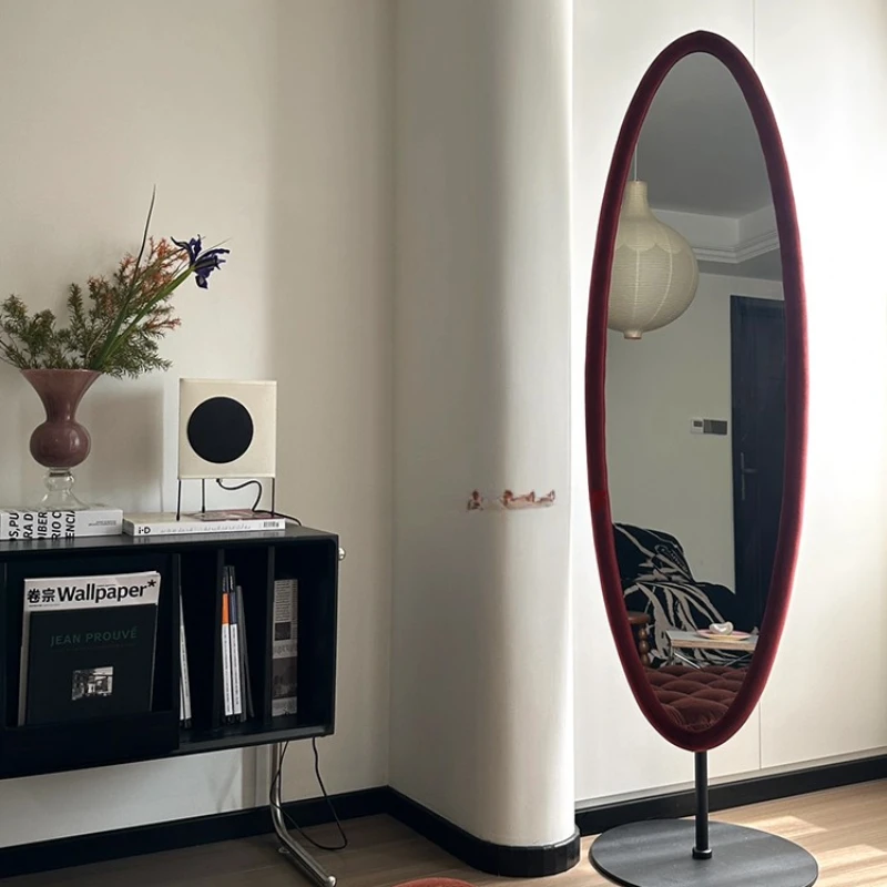 

Light Luxury Oval Full Body Mirror in Antique Red Velvet Bedroom Cloakroom foyer Floor to Floor Fitting Mirror Retro