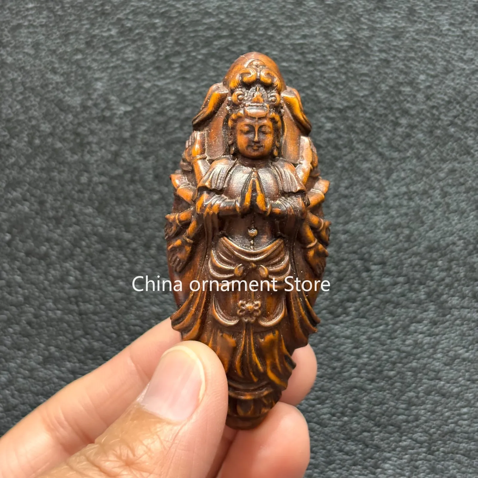 7 CM Exquisite Boxwood Handmade Carved Thousand-hand Bodhisattva Statue W280