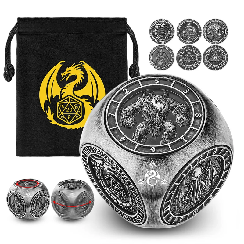 

D4/d6/d8/d10/d12/d20/d100 7-In-1 Metal Turnable Dice with Six Different Pattern Rotate Dices for Rpg Role Play Game Storage Bag