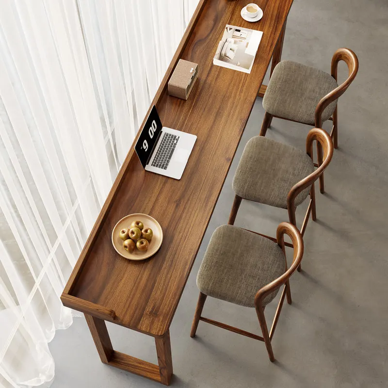 Solid Wood Commercial Rectangular Bar Table Walnut Color Balcony Long Window-Side Narrow Cafe High-Top Table Chair Combination
