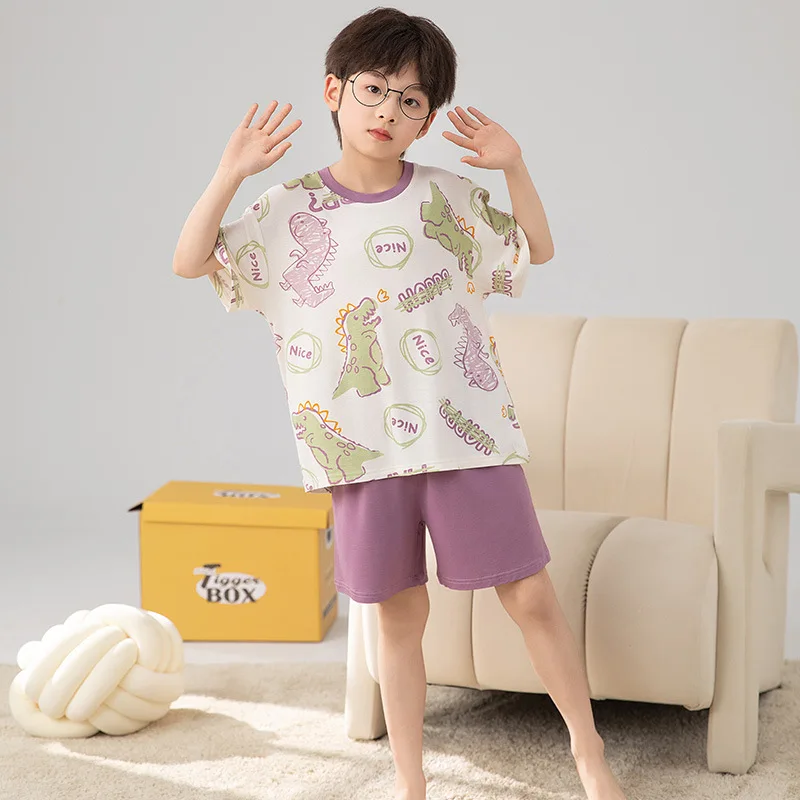 

Cute Purple Dinosaur Pajamas Set for Kids Cartoon Kawaii Sleepwear Baby Short-sleeve Big Boys Home Thin Clothes Set Summer