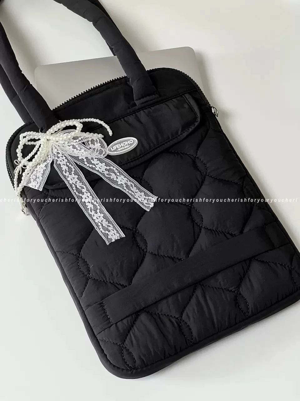 Cute Quilted Laptop Tote Bag with Lace Pearl Bow, Women Shoulder Laptop Handbag for 13 14 15 15.6 Inch Notebook Computer