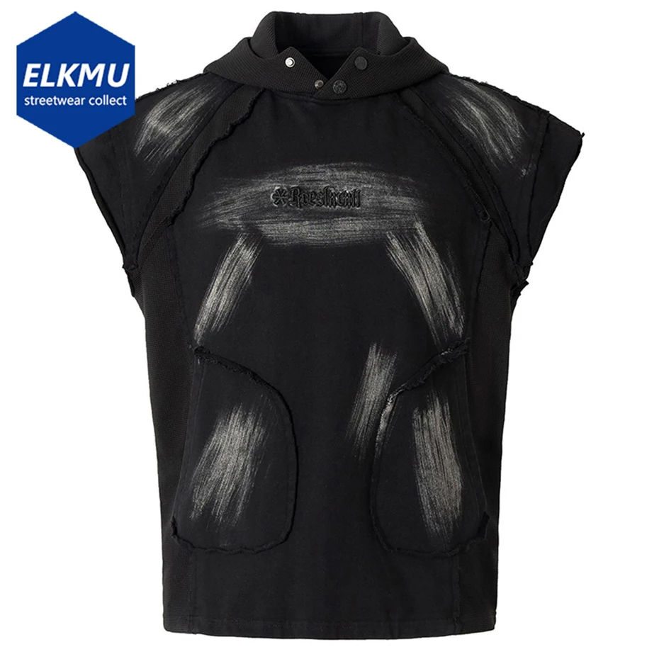 

Embroidery Patchwork Sleeveless Hoodies Graffiti Darkwear Hoodie Men Loose Pullover Sweatshirts Streetwear Hip Hop Hoodie Y2K