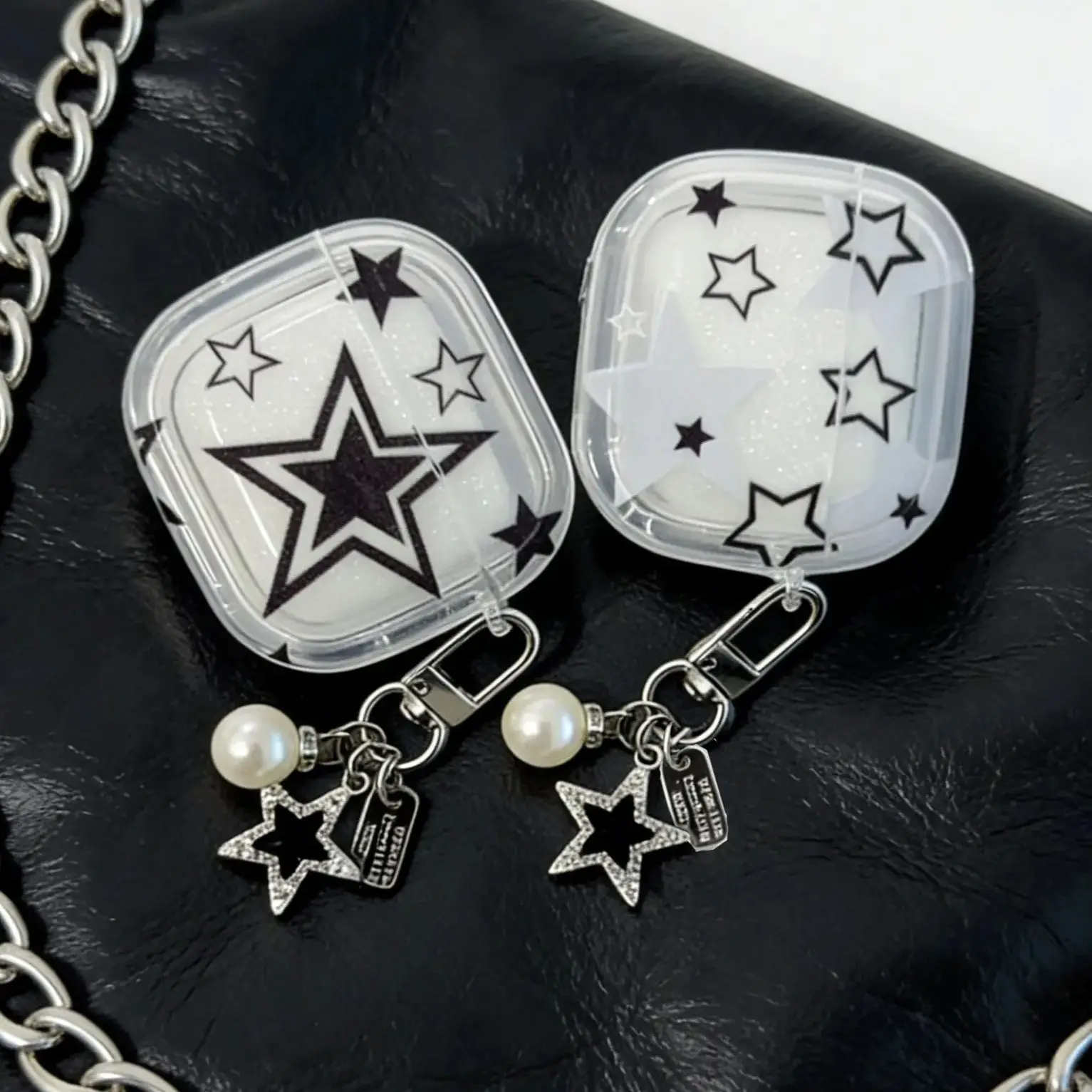 Trendy Black & White Star Transparent Earphone Case –  Cover with Pearl Star Keychain Accessory for AirPods 1/2/ - view 3