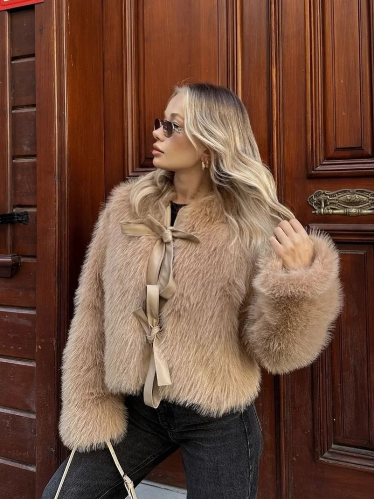 Feminino elegante arco rendas até casaco de pele do falso casual manga cheia em torno do pescoço solto curto outerwears senhora inverno jaqueta de deslocamento diário