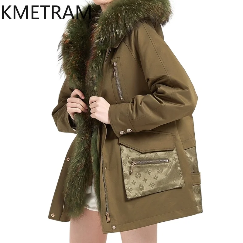 KMETRAM Natural Rex Rabbit Fur Lining Parka Fur Coat Fashion Green Woman Clothing 2025 Winter Mid Length New in Jacket fourrures