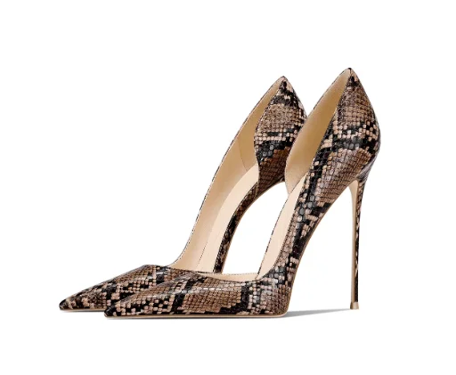 French style brown snake pattern pointed thin heel high-heeled shoes for women, versatile and stylish, with a small fragrance