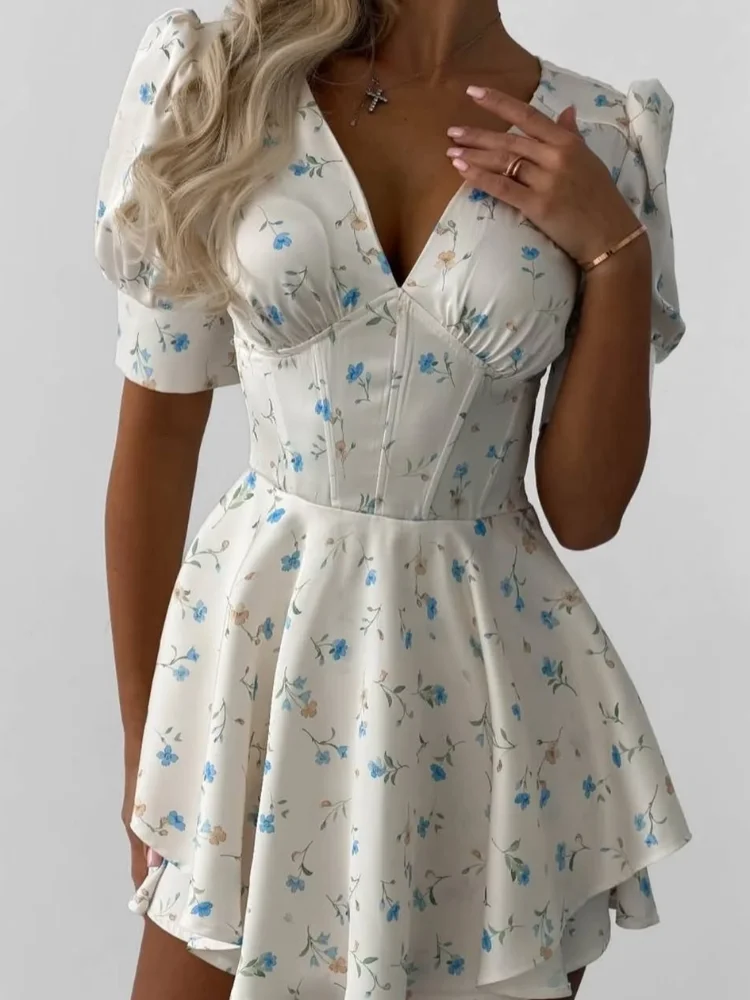 Floral Mini Dress V Neck Balloon Sleeve Tiered Ruffle Summer Style for Women - Print Dress 4