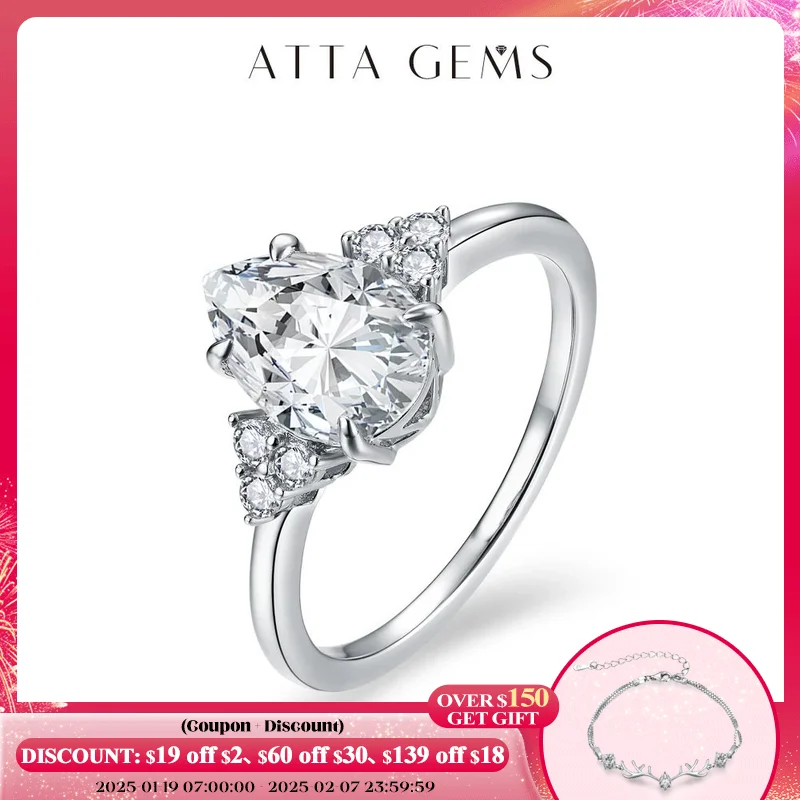 ATTAGEMS New Solid S925 Sliver 2.0ct Moissanite Rings for Women D VVS1 Pear Shape Diamond Engagement Wedding Fine Jewelry Gift