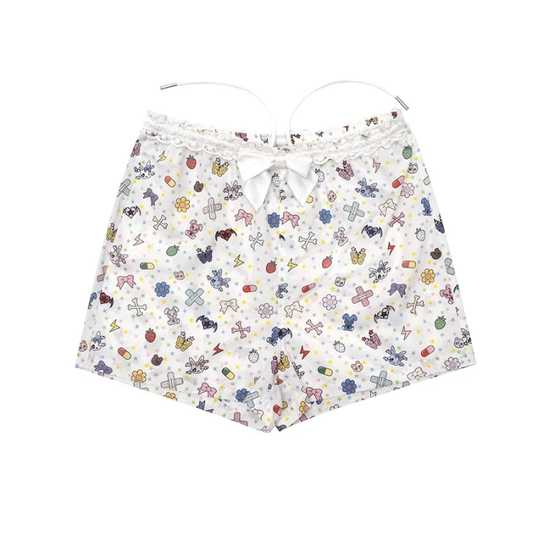 Summer New Animal Print Bow Women's Short Original Design White Sweet Loose Thin Versatile Age Reduction Straight Shorts Ladies