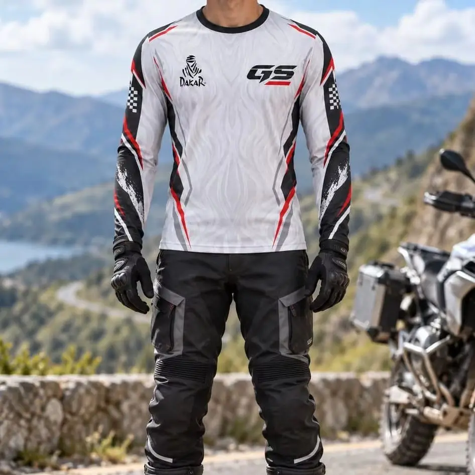 GS Mens Long Sleeve Motorcycle Jersey Summer Dakar Racing Shirt Quick Dry Unisex Enduro Adventure Riding Off Road White Mountain