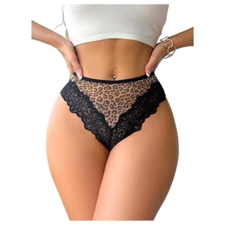 

SHENHE Women's Sexy Floral Lace Trimmed Leopard Print High Rise Cheeky Panties Underwear