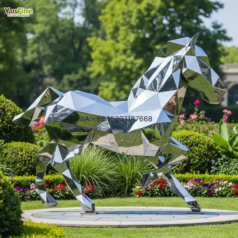 Wmwmnu for Geometric Low-Poly Stainless Steel Horse Sculpture Polished Outdoor Farm Ranch Garden Landscape Art