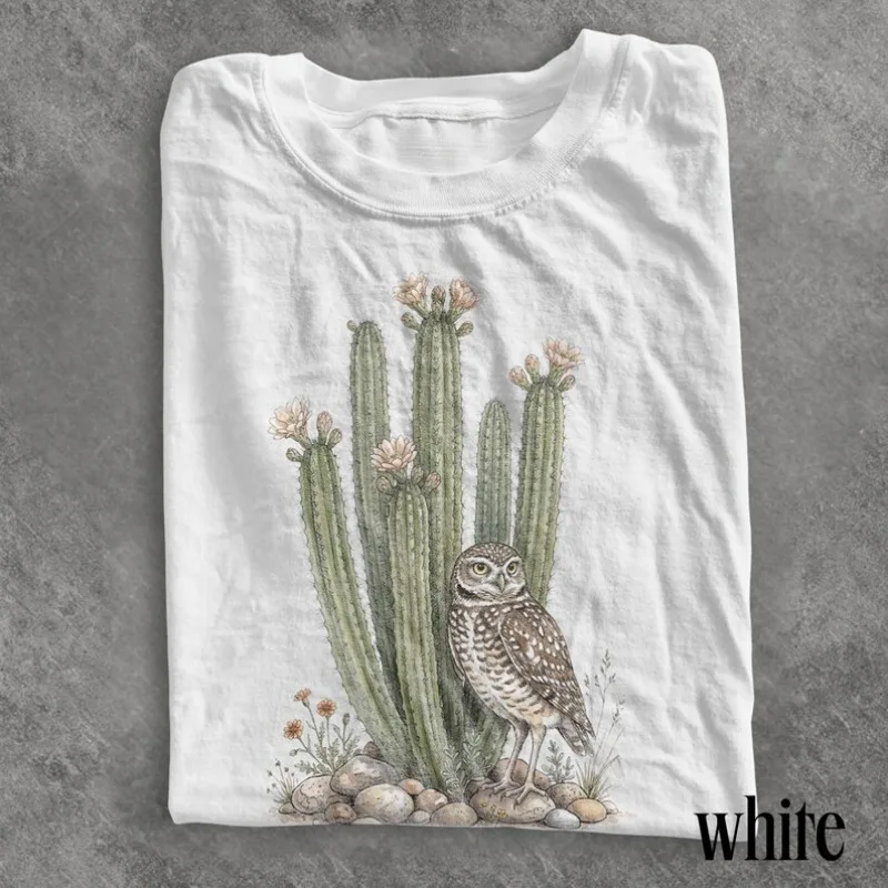 Owl and Blooming Cactus Pattern T-shirt Retro Desert Wildlife Shirt Retro Southwest Natural Style Top Bird Lover Gift T-shirt