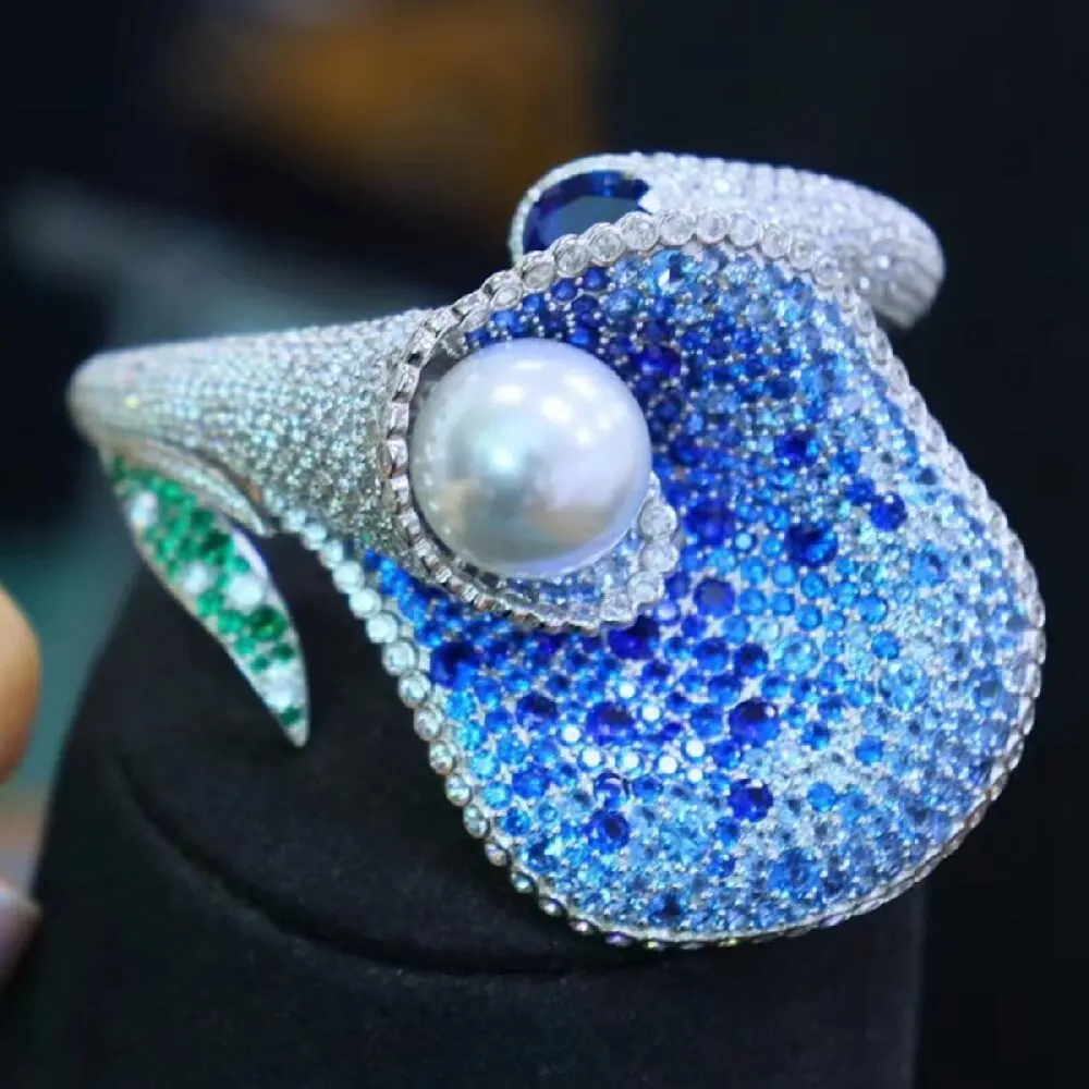 KQDANCE 925 Sterling Silver Fresh Water pearl open Bangle Fashion Elegant Pink Blue Zircon Flower Bangle For Women