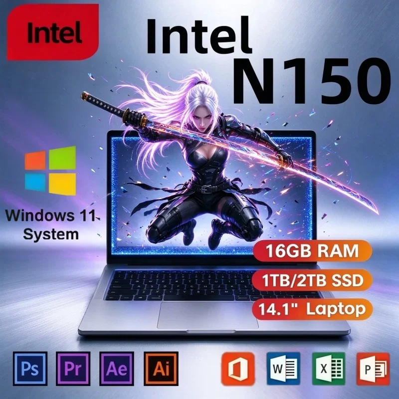 14.1" Windows 11 Ultra Light Laptop Intel N150 32GB RAM 2TB SSD 1080P HD Display Portable Notebook For Business Entertainment