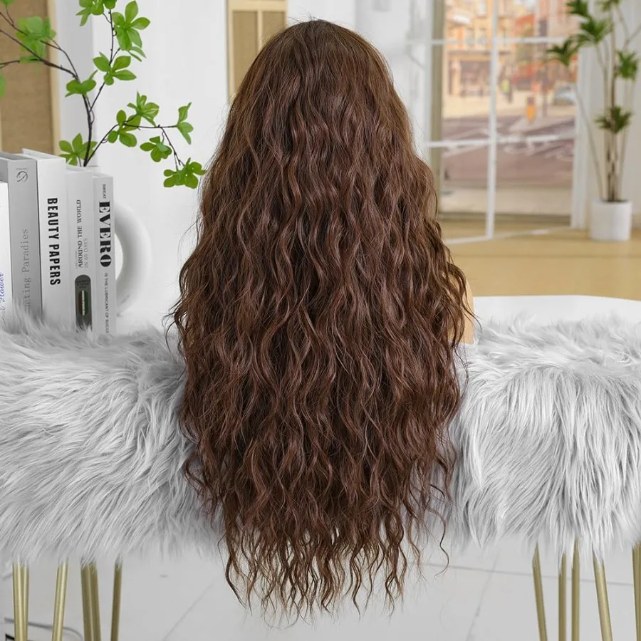 26 بوصة شعر مستعار موجة المياه للنساء شعر مستعار اصطناعي مجعد ارتداء البني والذهاب غلويليس استبدال الشعر المستعار للاستخدام اليومي Perfec