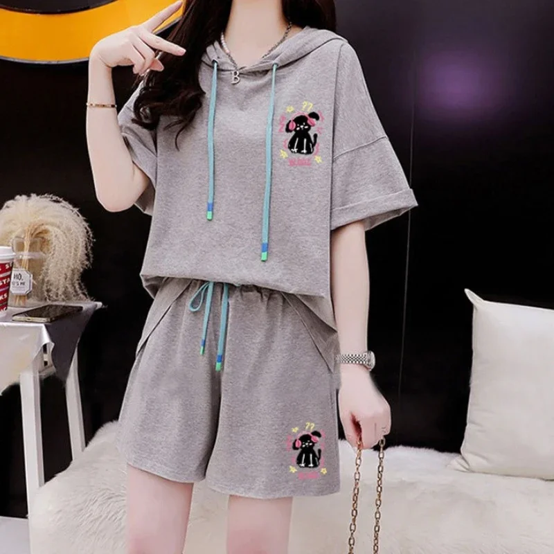 

Straight Short Sets for Women 2 Pieces Loose T Shirt Grey Print Woman Shorts Ensembles Cheap Offers Casual Full Promotion Luxury