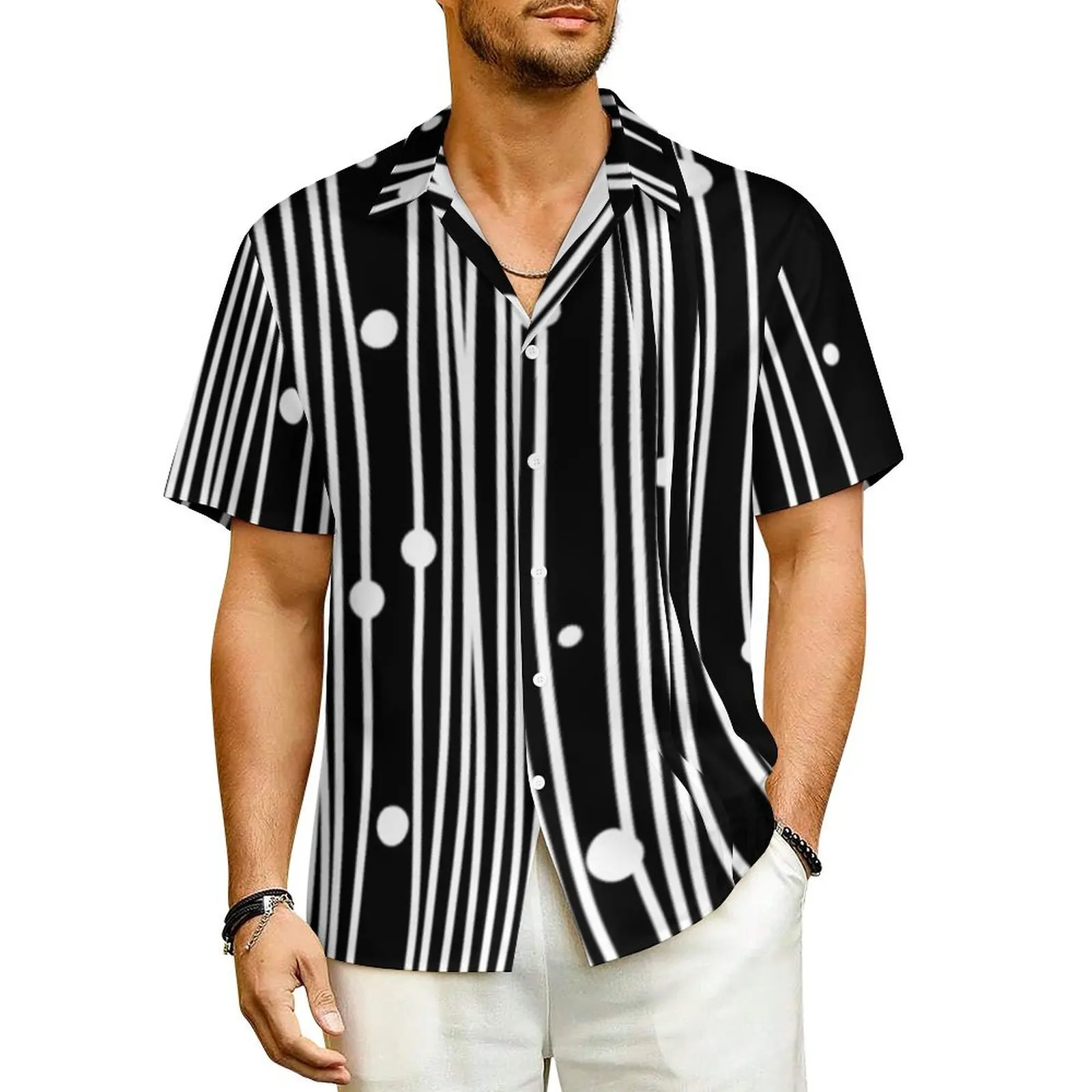 

Polka Dots Stripes Casual Shirt White Line Print Vintage Hawaiian Shirts Men Short Sleeve Beach Stylish Design Oversized Blouses