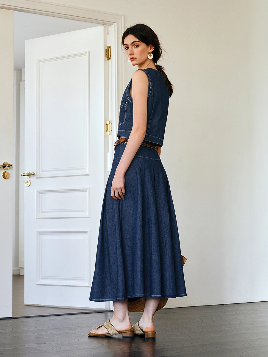 OLrain المرأة الصيف الدنيم تنورة دعوى 2025 السيدات أنيقة الفرنسية الرجعية صدرية ألف خط تنورة قطعتين ملابس امرأة O57XE98012