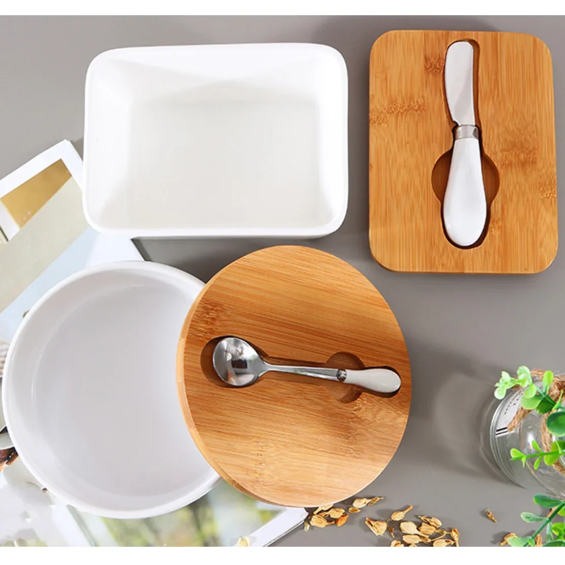 

# Custom Label White Square Round Butter Box Ceramic Butter Cheese Board Box Dish Box With Wooden Lid #