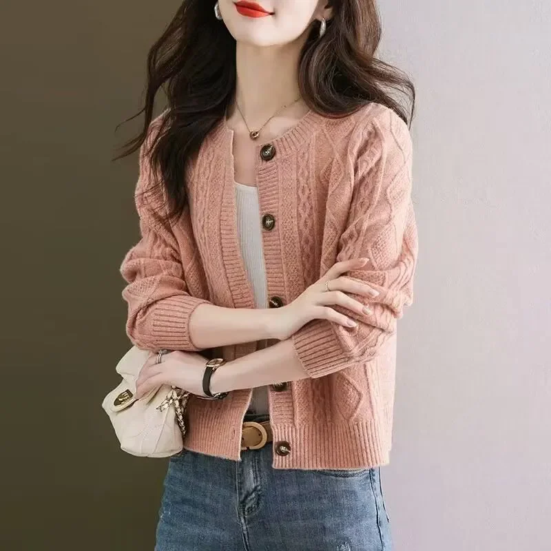 Simplicity Casual Autumn Solid Sweaters Women\'s O-Neck Single Breasted Screw Thread Fashion Long Sleeve Cardigan Knitted Tops