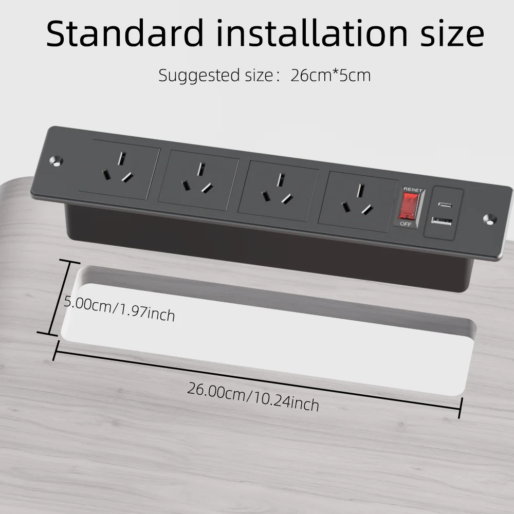 Embedded Recessed Power Strip AU Plug 4 AC Ports 1 USB‑A & 1 Type‑C(5V 2.1A) Control Switch 1.5M Extension Cord for Furniture