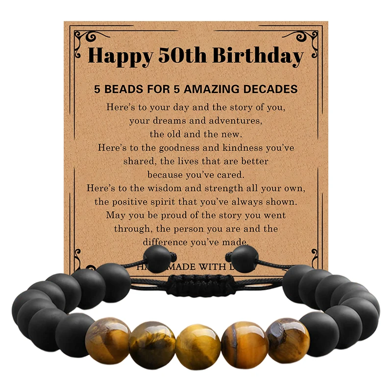 30th/40th/50th/60th/70th/80th Birthday Bracelet Gifts Adjustable Handmade Black Matte Tiger Eye Stone Bracelet for Men and Teen