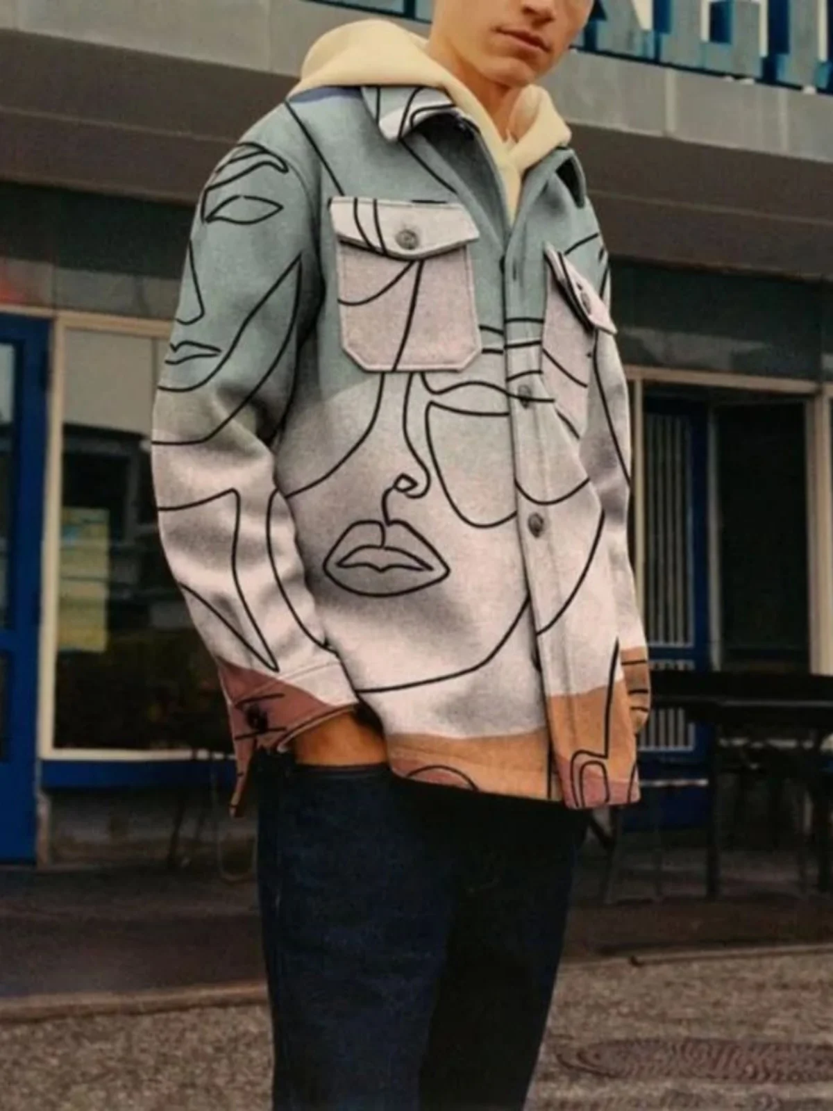 

Loose Men's Printed Lapel Jaet Flip Collar Outerwear Youth Faion Autumn Windproof Long Sve Full Zipper Regular Fit