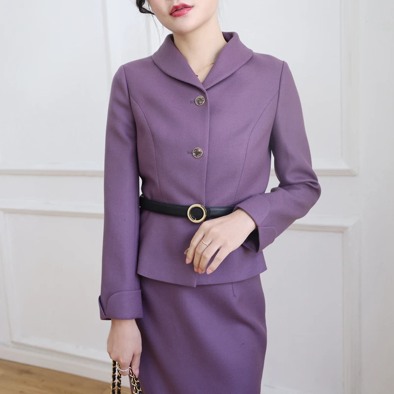 

Фиолетовый шерстяной твидовый костюм с приталенным жакетом в стиле минимализм и профессиональной юбкой-трапеция для женщин Cleanfit Sle TZ066