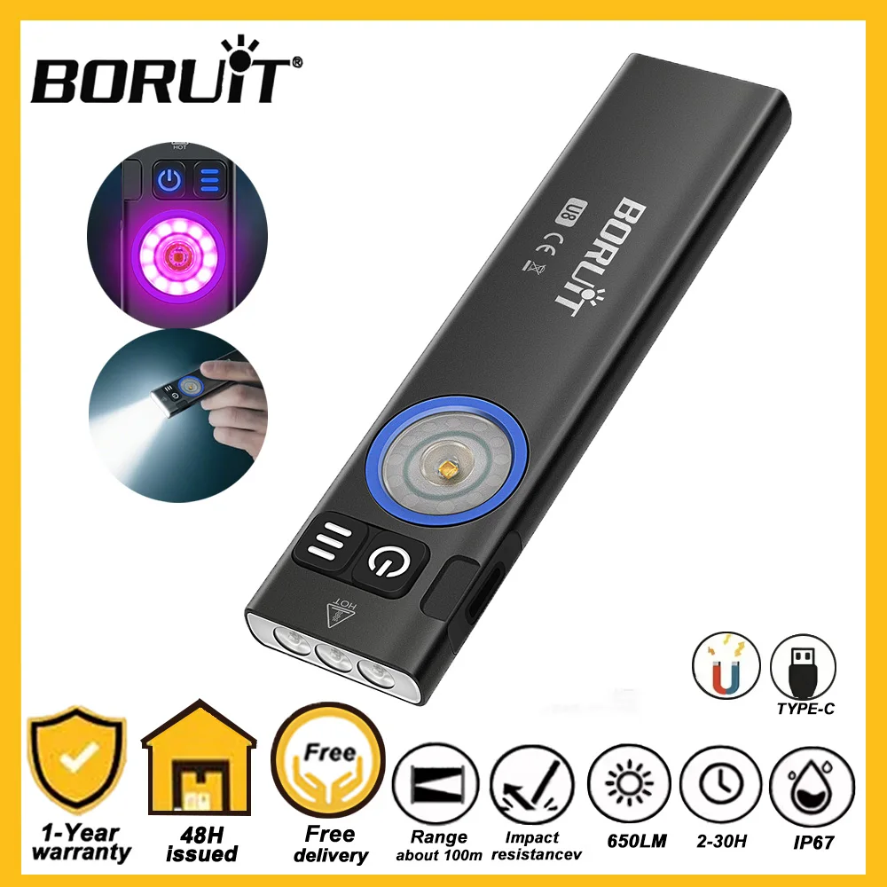 BORUiT U8 LED 650LM Flashlight Portable USB Rechargeable Super Bright Torch Light With Magnet Multilight Charging for Camping