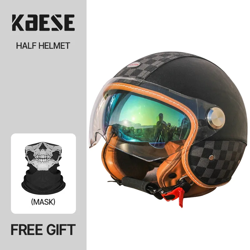 Kaese Big Head Electric Motorcycle 3/4 Helmet Retro Four Season Earwarps Removable Helmet Black Plaid Leather Cascos Para Motos