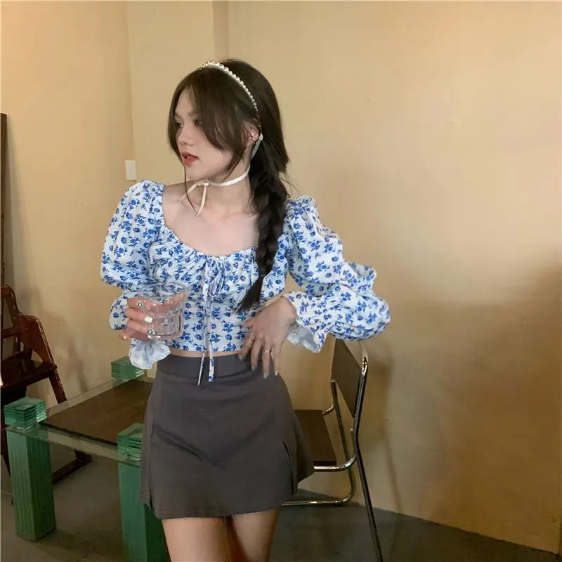 Women Blouses Floral Square Collar Puff Long Sleeve Lace-up Folds Bow French Fashion Elegant Ins Holiday Retro Slim Spring Chic