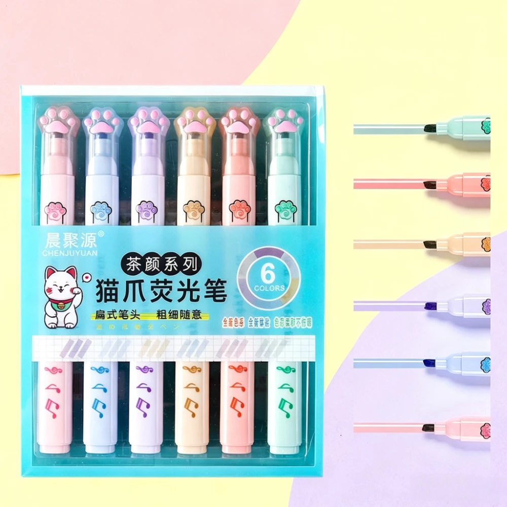 6Pcs/Set Kawaii Cat Paw Highlighter Pen 6 Colors Pastel Oblique Tip Markers Student Journaling Drawing School Office Stationery