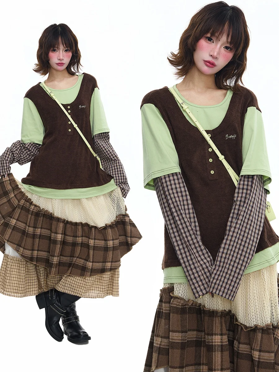 

Женская футболка Sanowers в американском ретро-стиле с длинным рукавом, весенне-осенняя, свободного кроя, для пар, внутренняя одежда, топ с цветовыми блоками, для многослойных образов