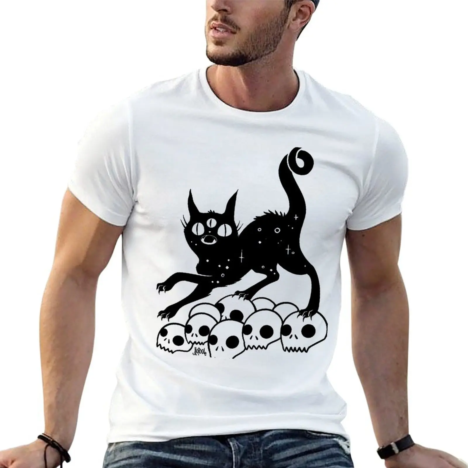 Black Cat On A Pile Of Skulls Magic Witch Art T-Shirt graphic tee shirt customizeds mens big and tall t shirts
