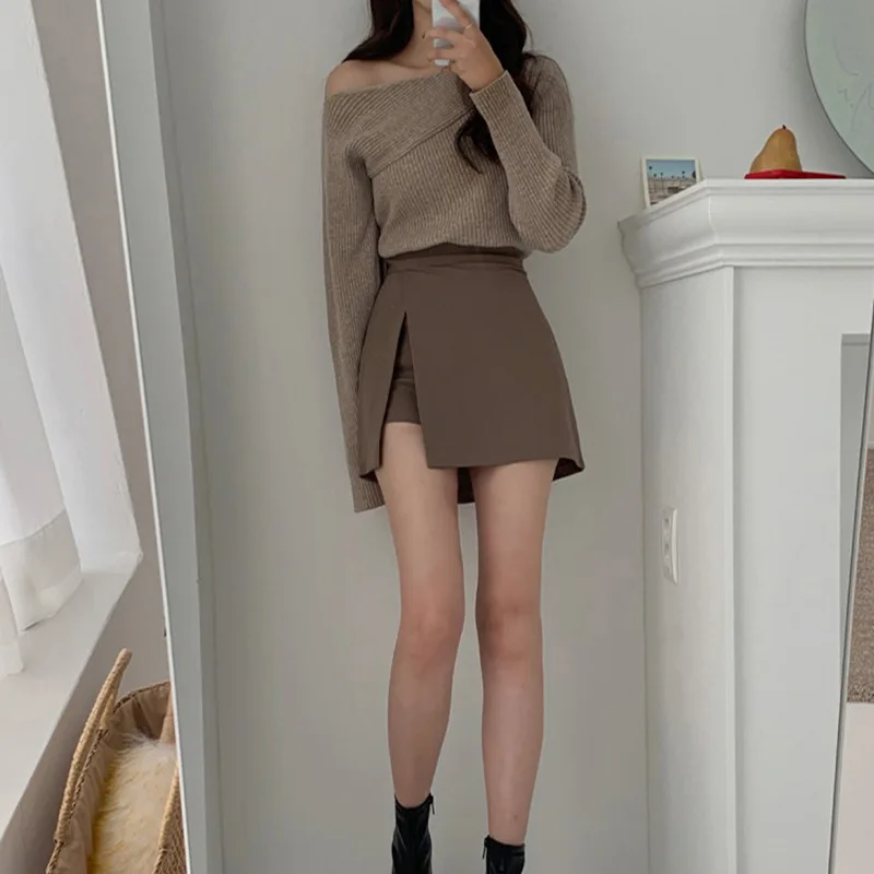 

Женские простые брюки-кюлоты в корейском стиле с боковыми разрезами для похудения, сексуальная универсальная юбка