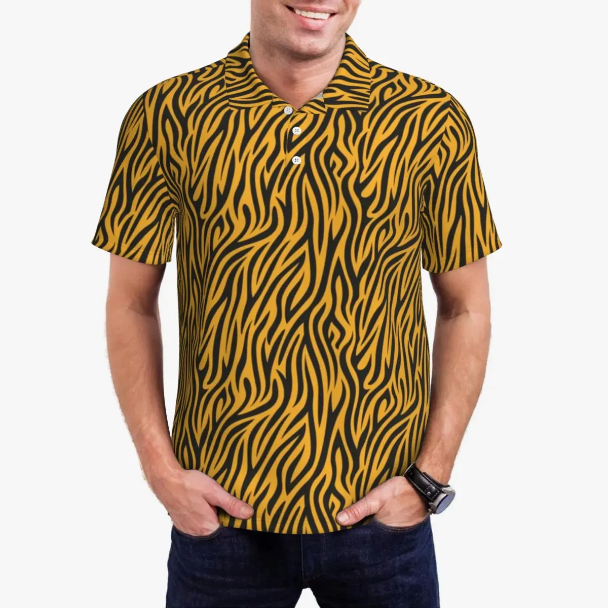 Tiger Print Design Casual T-Shirts Gold Stripes Polo Shirt Turn Down Collar Trending Shirt Beach Man Pattern Plus Size 4XL Tops