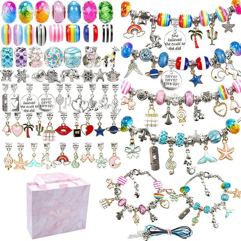 1Set Jewelry Making Kit Charm Bracelet Necklace Present Alloy Beads Set DIY Toys for Children Bracelets Birthday Gifts for Girls