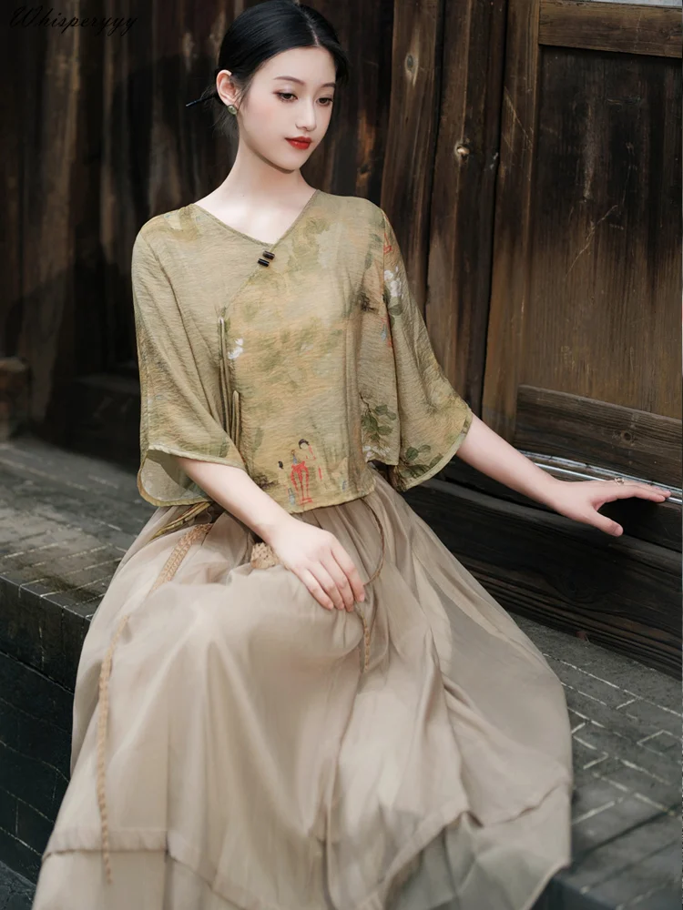 

Spring New Chinese Cardigan Set Women Cheongsam Tops Plus Skirt Suit Hanfu Female Vintage Clothing Elegant and Classical