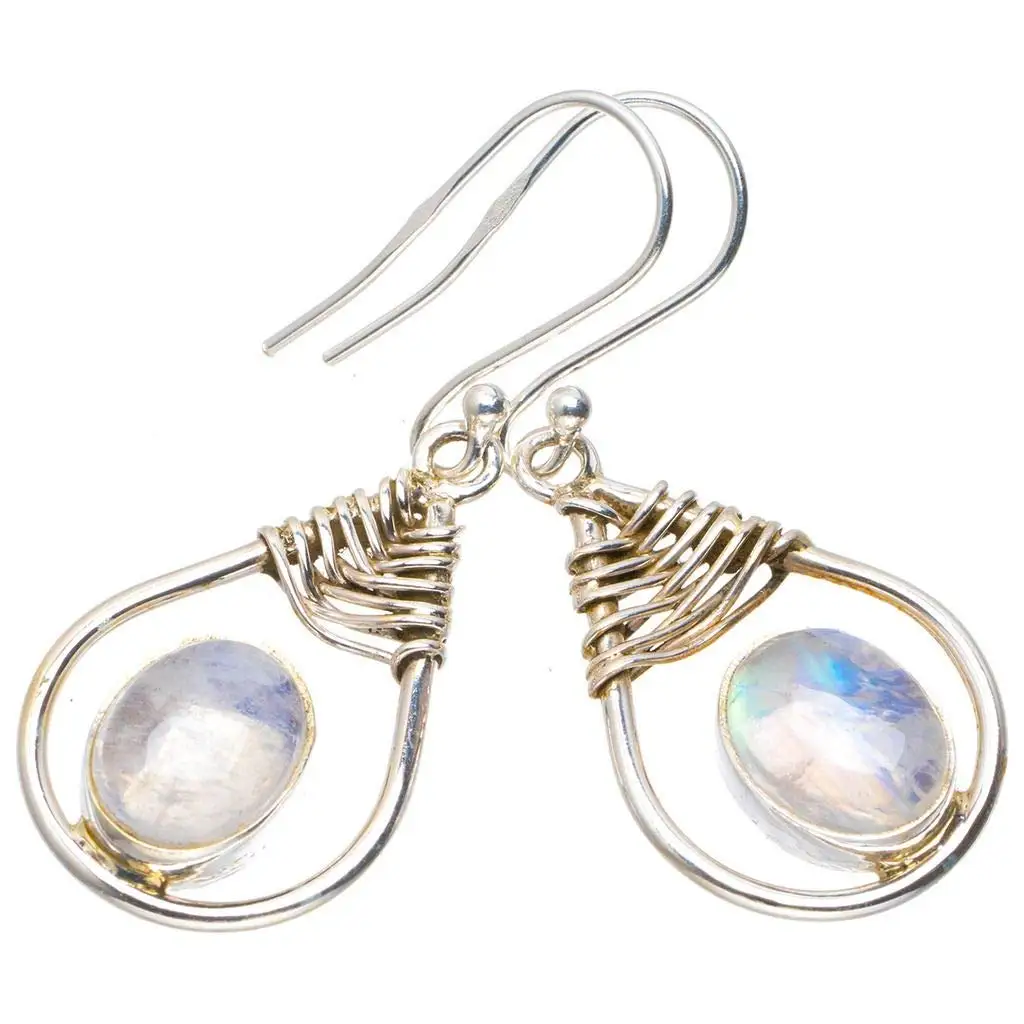 

StarGems® Natural Rainbow Moonstone Handmade Unique 925 Sterling Silver Earrings 1.5" A2386