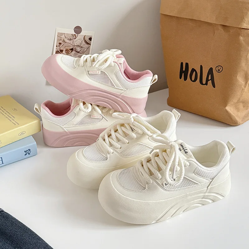 Pink Bread Shoe Women's Summer Breathable Thick Bottom White Sneakers Match Skirts Versatile Canvas Shoes Korean Style Low Cut