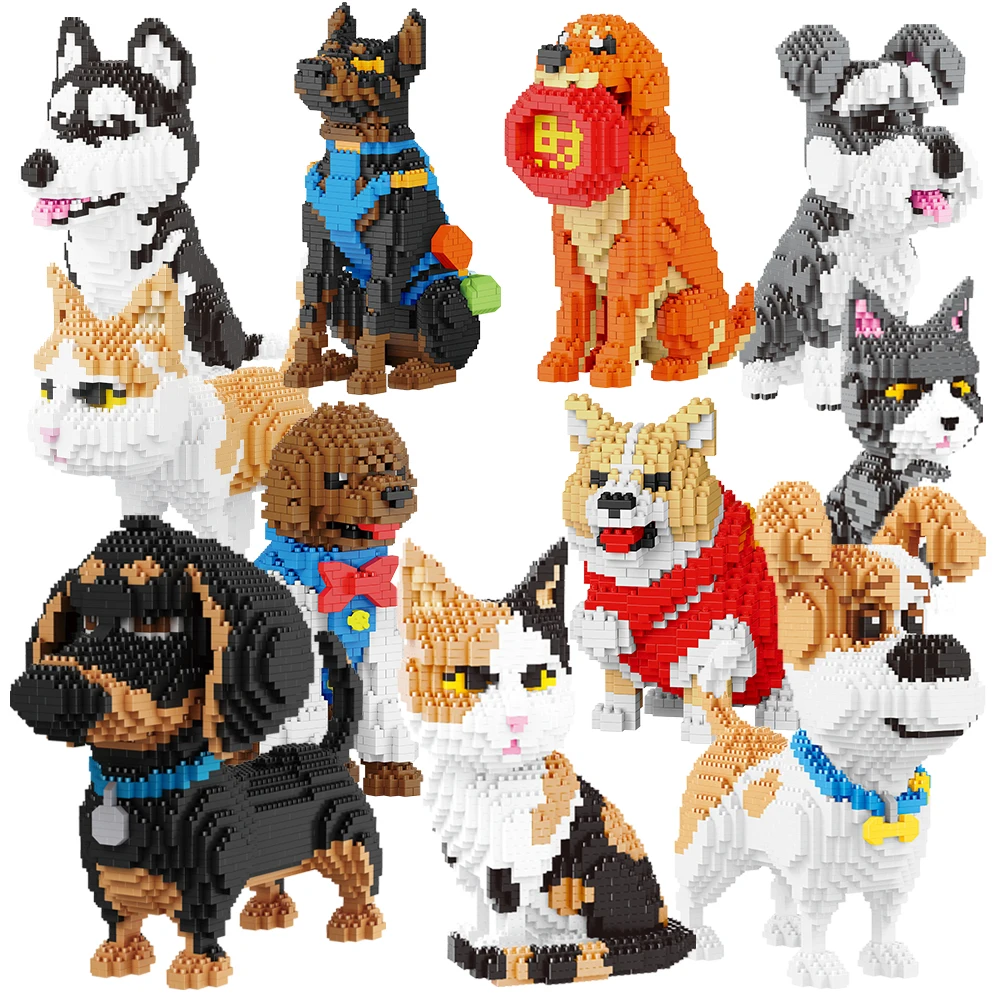 DIY Golden Retriever Doberman Teddy Corgi Shepherd Dachshund Cartoon Dog Cat Model Mini Building Block Toy Children\'s Gift