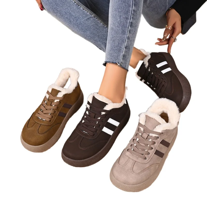 

Women's Winter Thickened Warm Casual Sneakers Fleece Lined Thick Bottom Lace-Up Bread Shoes Dequan Shoes round Toe Low Top