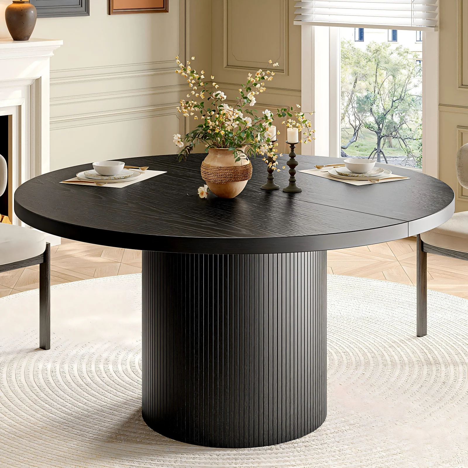 

Black 47 Inch Round Dining Table For 4, Circle Fluted Kitchen Table Wood, Modern Dinner Tables For Kitchen, Living Room