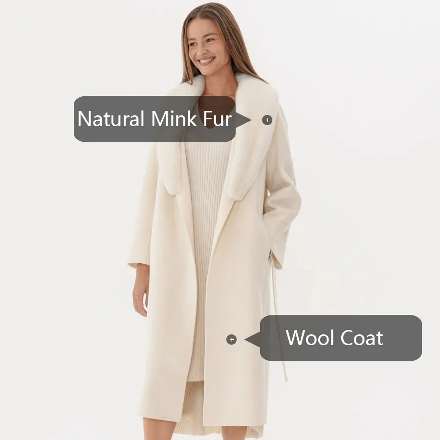 Mink Fur Coat Women Wool Blends Coats White Long Real Fur Coat Luxury High Quality Cashmere Jackets Fashion New Arrivals