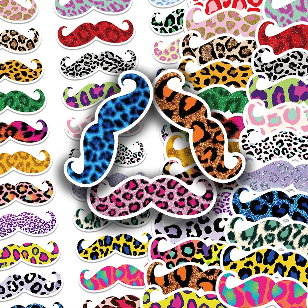 50Pcs Colorful Leopard Print Beard Stickers Funny Fake Mustache Decal For Phone Case Laptop Journal Scrapbook DIY Creative Gift