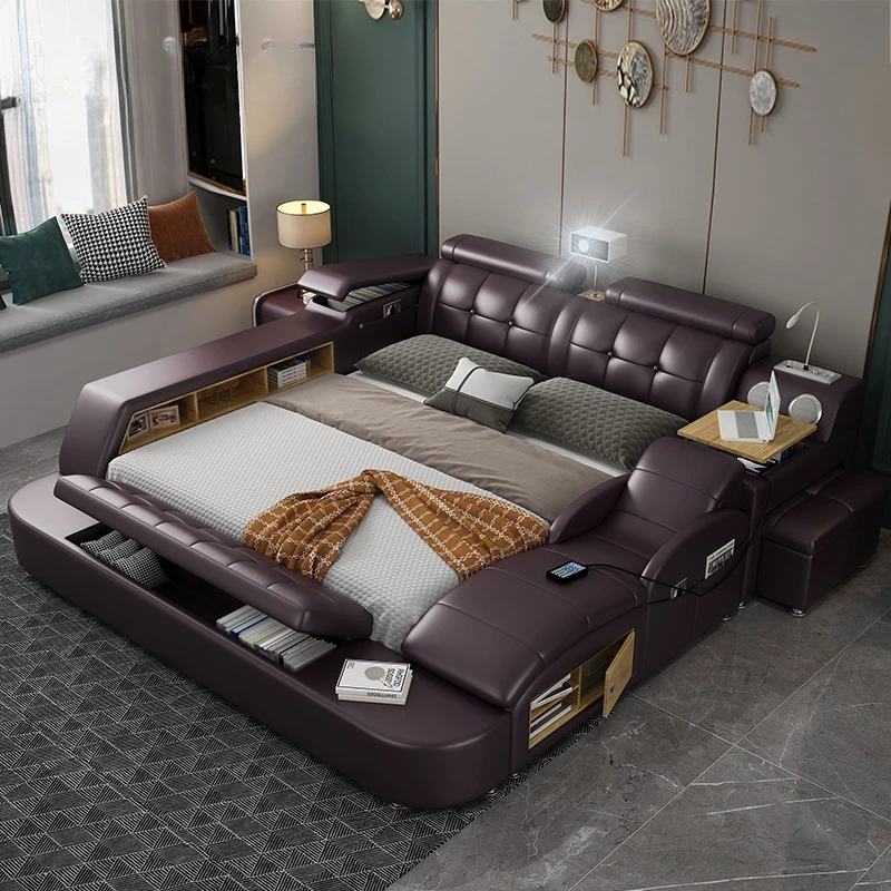 

Massage tatami bed Multifunctional leather bed Modern simple bedside with projector Villa master bedroom double leather bed