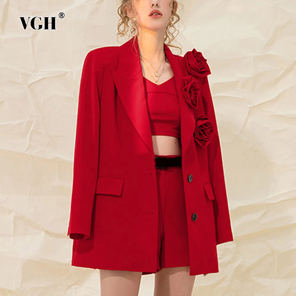 

VGH Solid Patchwork Appliques Temperament Blazer For Women Nocthed Collar Long Sleeve Spliced Button Loose Blazers Female New