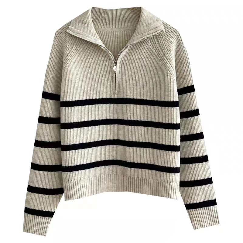 2024 Autumn/Winter New Half Zipper Casual Navy Stripe Sweater Thickened Small Casual Versatile Lazy Style Knitted Sweater